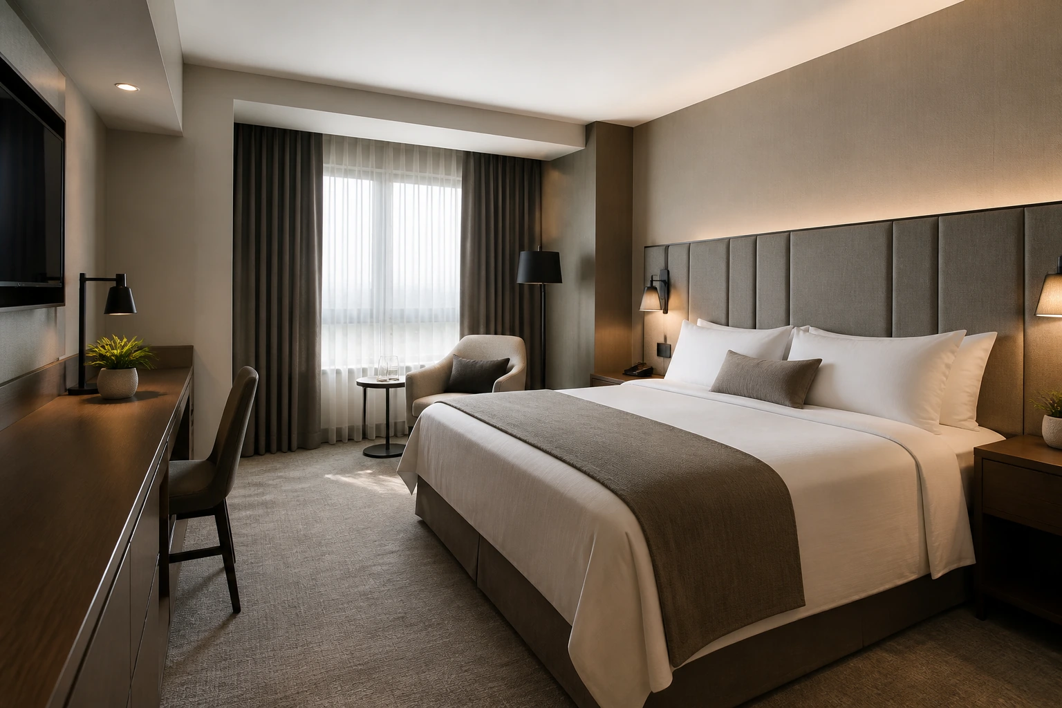 Real modern hotel room with bed, curtains and daylight