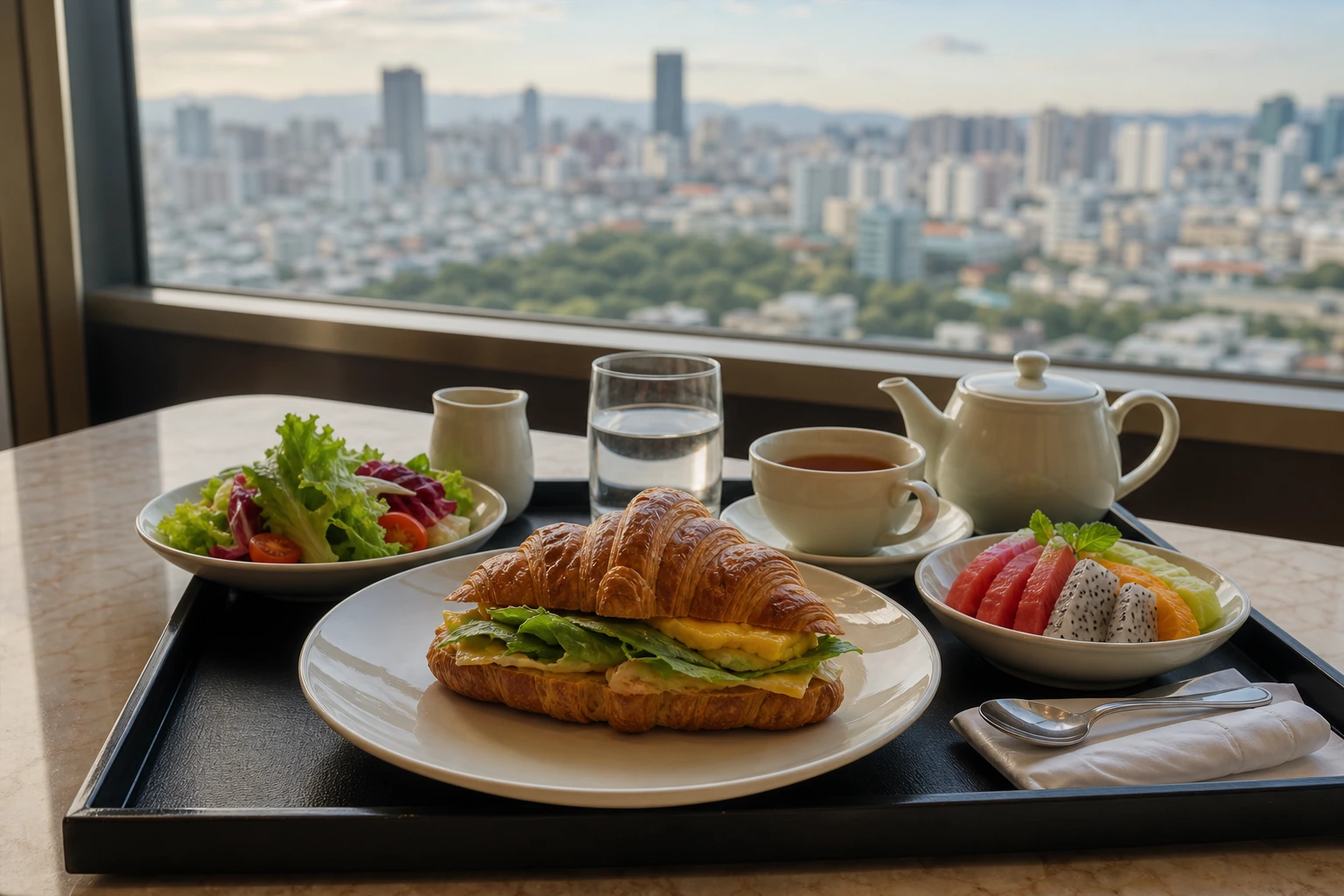 Real Taipei hotel breakfast with croissant sandwich, salad and fruit