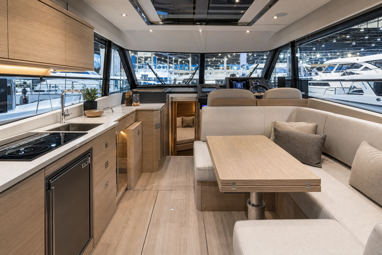 Salon et cuisine d’un véritable Grandezza 37C exposé à Interboot 2020