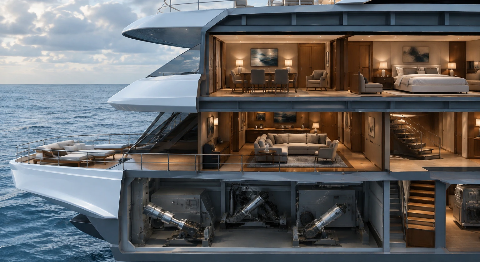 Photorealistic illustration for motion sickness ships routes stabilizers: accommodation and physical layout