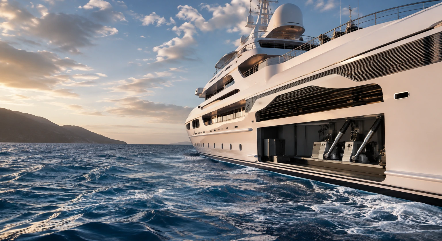 Photorealistic illustration for motion sickness ships routes stabilizers: signature experience
