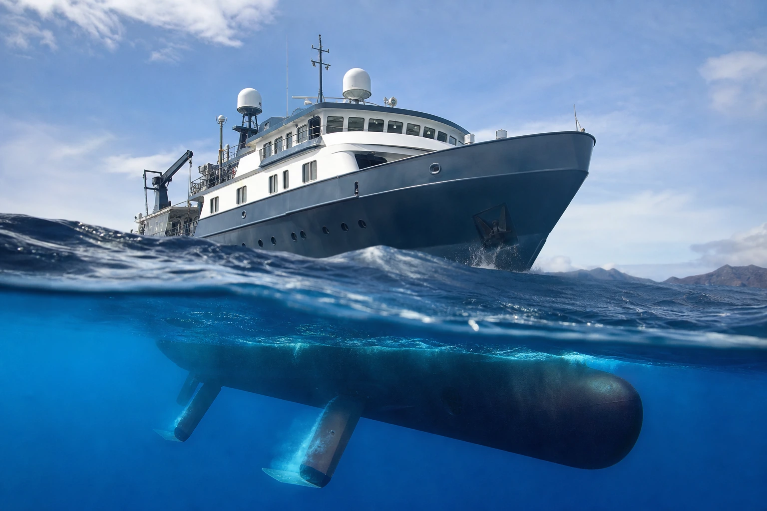 Illustration photoréaliste pour motion sickness ships routes stabilizers : signature experience