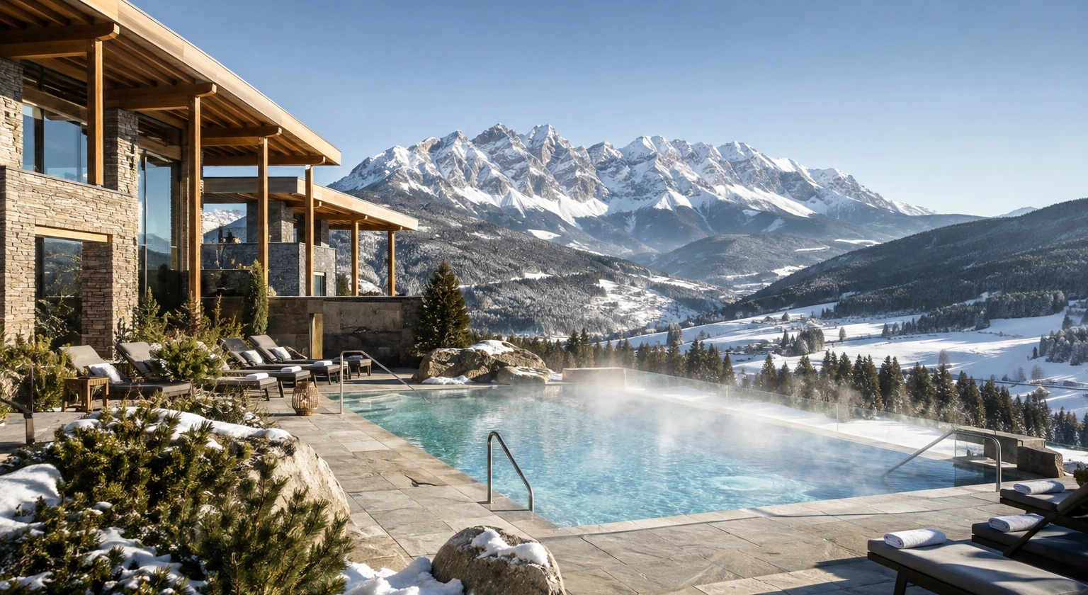 Photorealistic illustration for mountain spa hotel selection: accommodation and physical layout