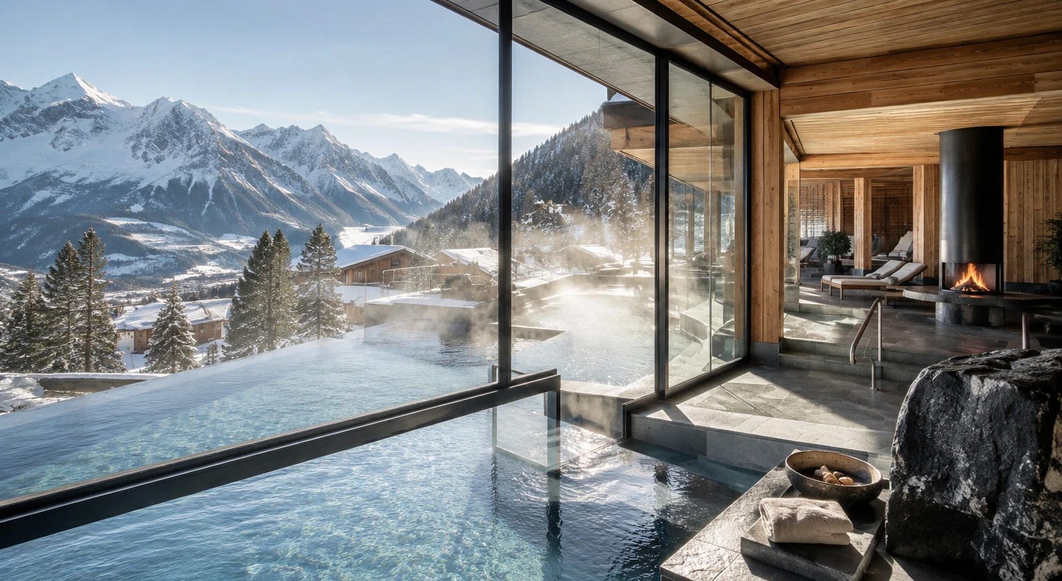 Photorealistic illustration for mountain spa hotel selection: signature experience