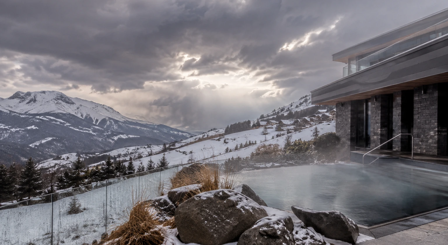 Photorealistic illustration for mountain spa hotel selection: reality-check detail