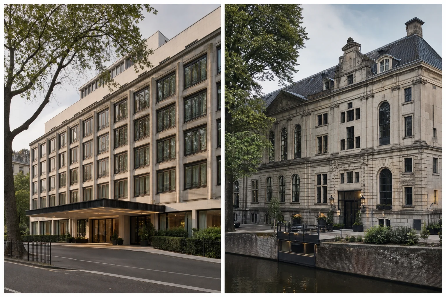 Fictional comparison of a London embassy conversion and Amsterdam canal courthouse