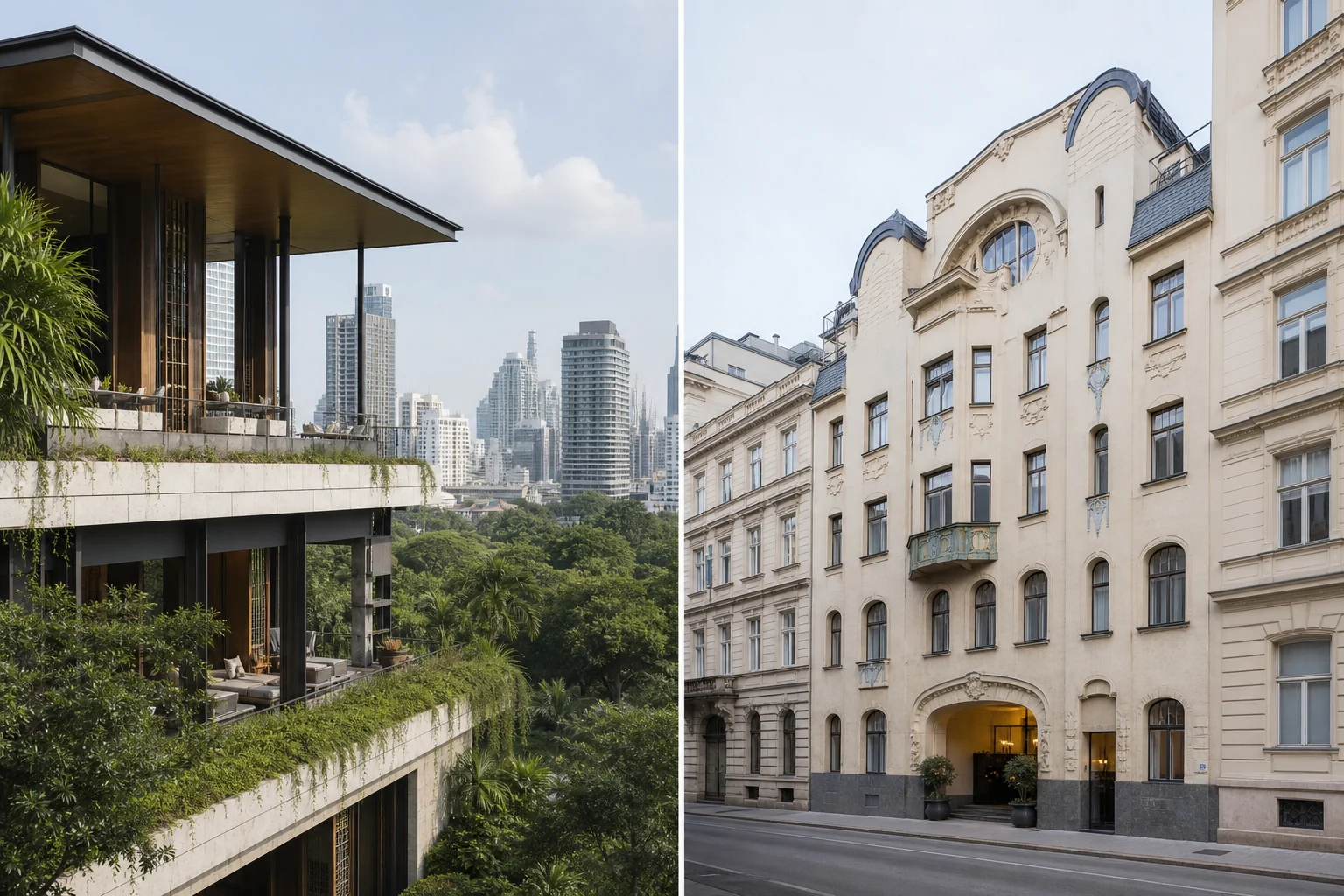 Fictional comparison of a Bangkok park hotel and Vienna Art Nouveau townhouse