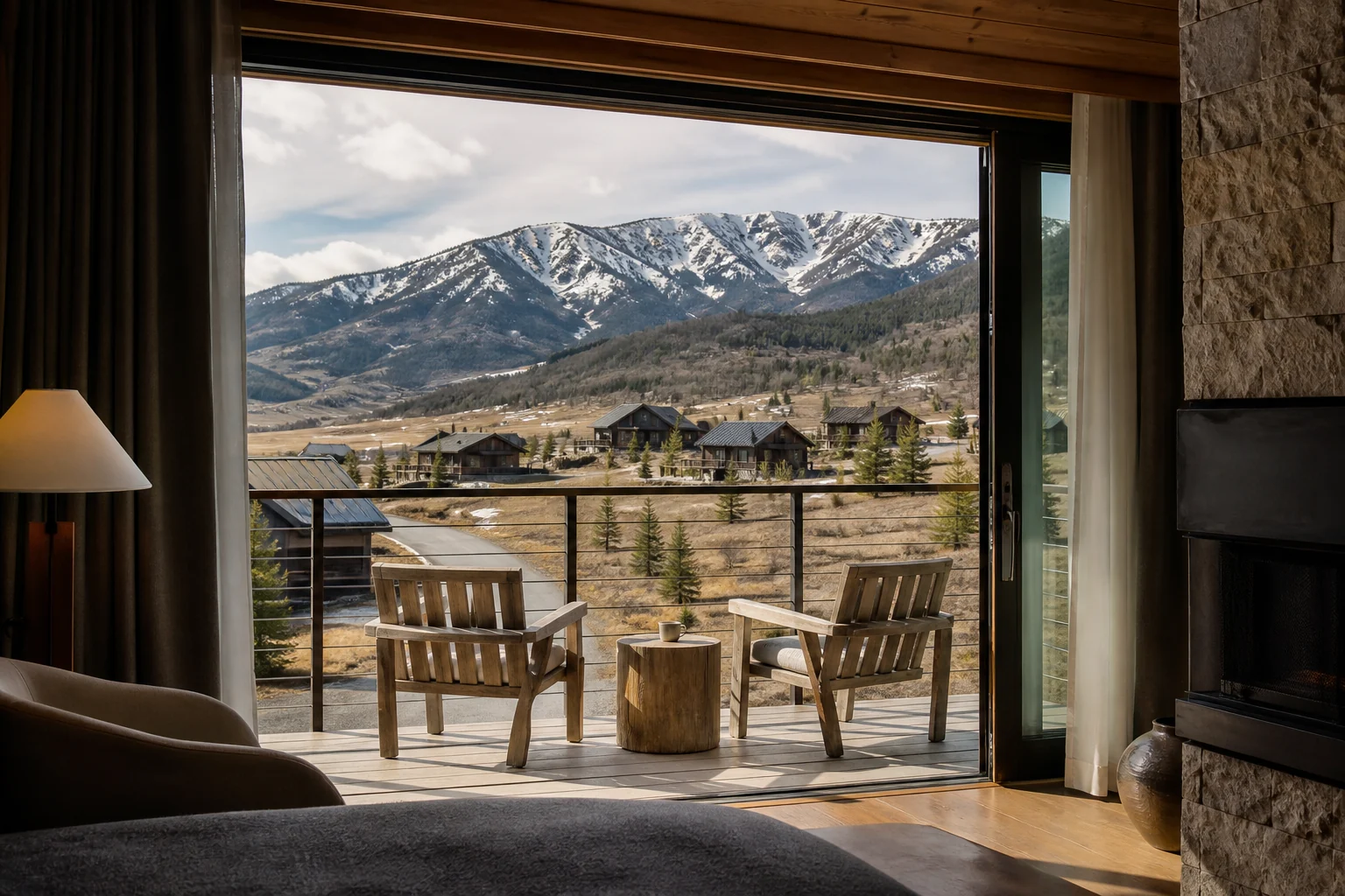 Fictional Montana lodge with room, dispersed cabins, access road and late snow