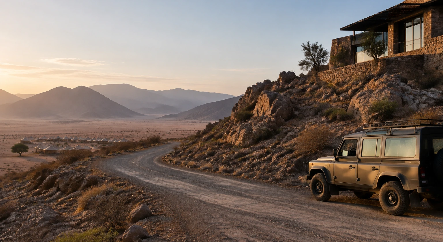 Photorealistic illustration for oman desert camp mountain hotel: setting and arrival