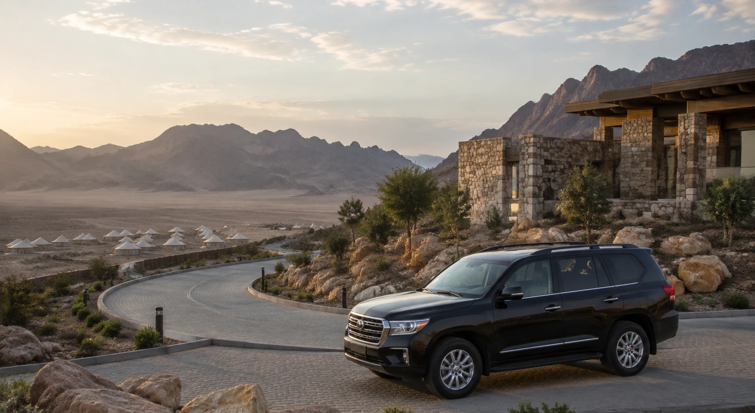 Photorealistic illustration for oman desert camp mountain hotel: logistics and service