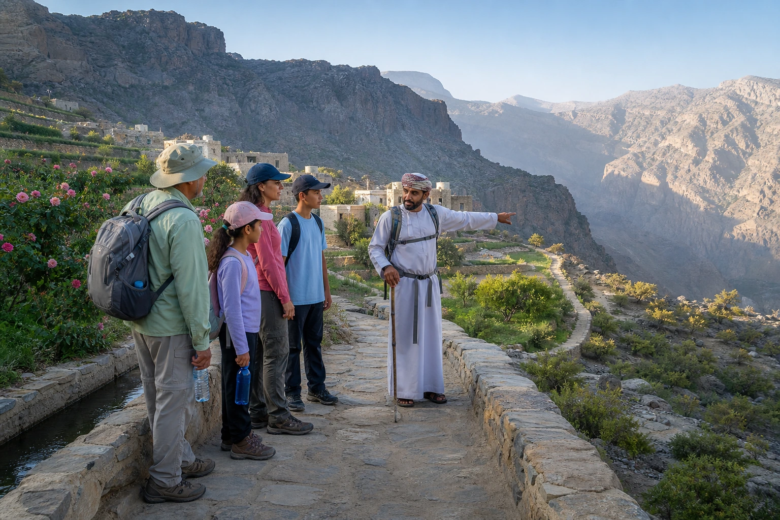 Fotorealistische Illustration zu oman desert camp mountain hotel: logistics and service