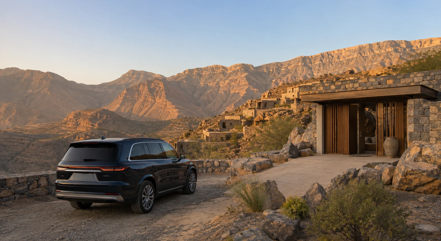 Photorealistic illustration for oman luxury route: setting and arrival