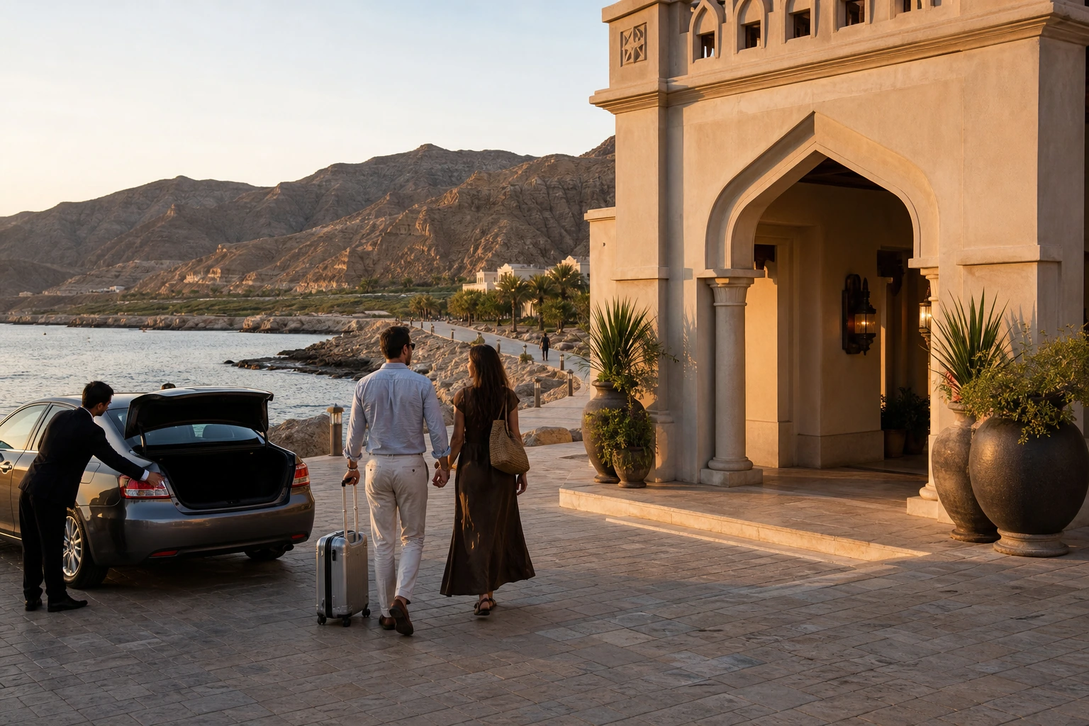 Photorealistic illustration for oman luxury route: setting and arrival