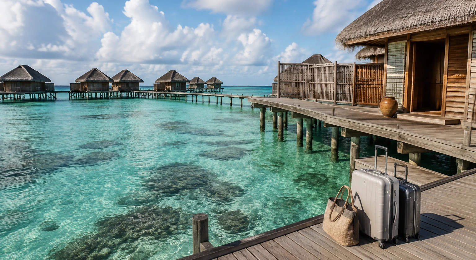 Photorealistic illustration for overwater villa children: setting and arrival