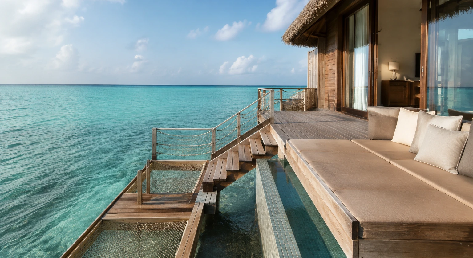 Photorealistic illustration for overwater villa children: accommodation and physical layout