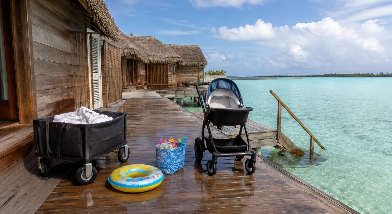 Photorealistic illustration for overwater villa children: logistics and service