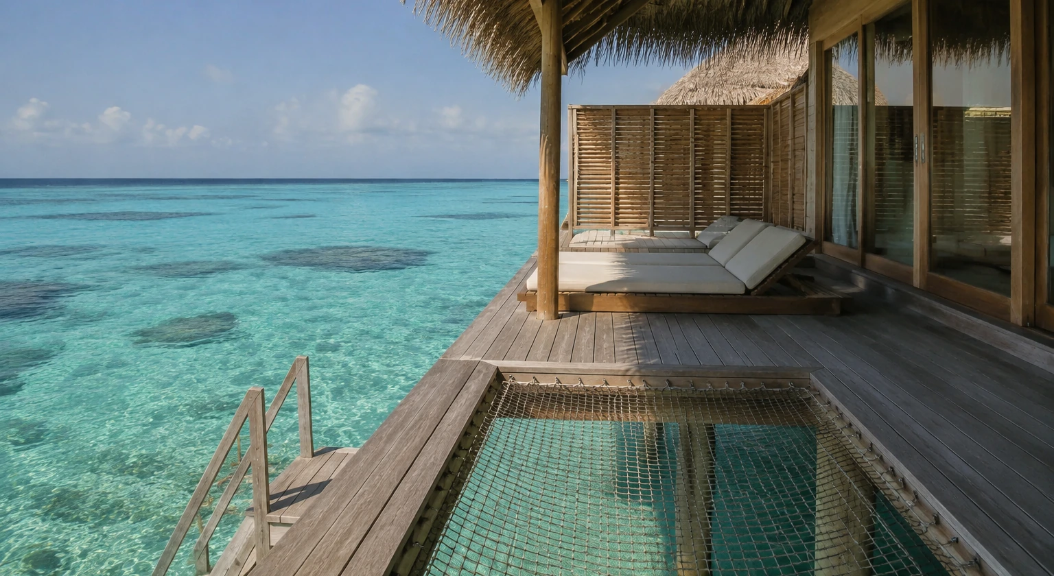 Photorealistic illustration for overwater villa children: reality-check detail
