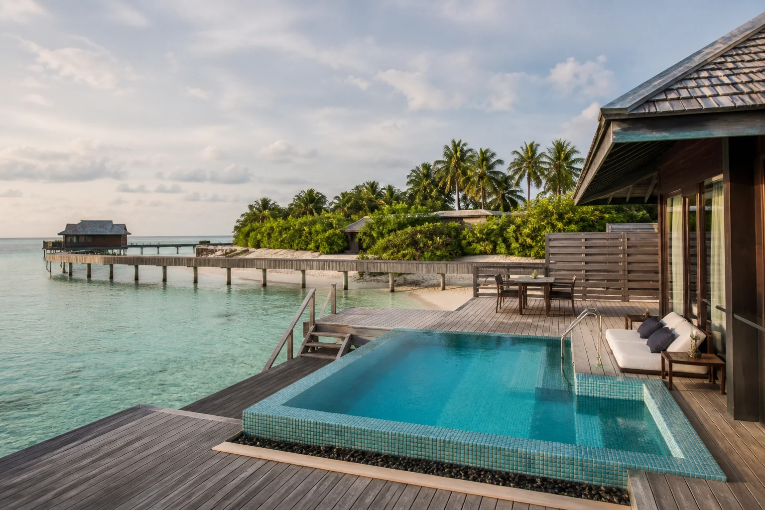 Fiktive Overwater-Residenz mit grossem Pool nahe einer gemeinsamen Resortinsel