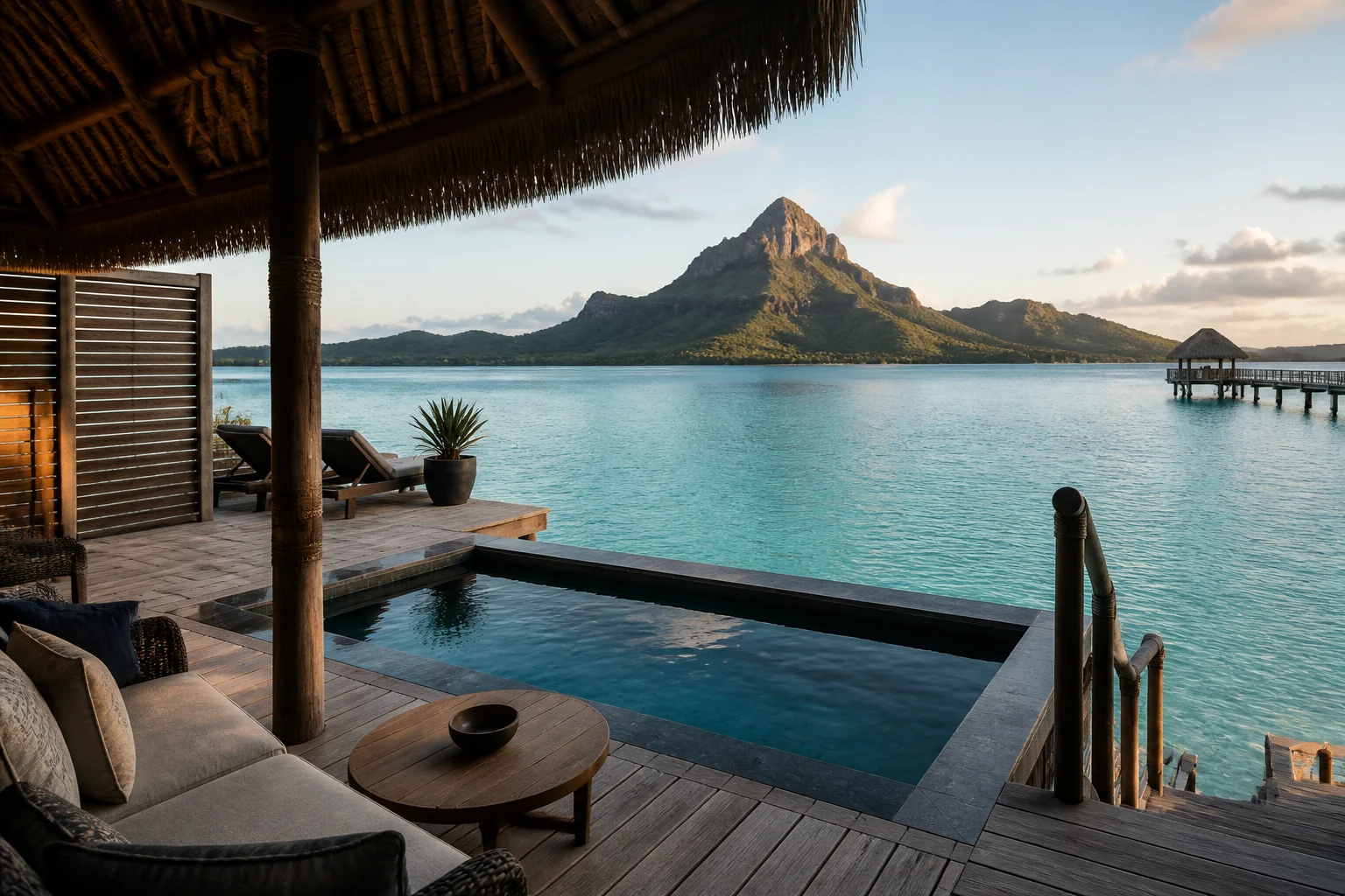 Fiktive polynesische Overwater-Villa mit Pool und freier Sicht auf einen Vulkanberg