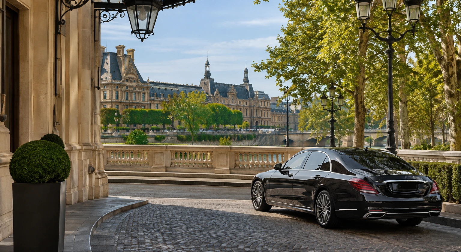 Photorealistic illustration for paris palace shopping culture: setting and arrival