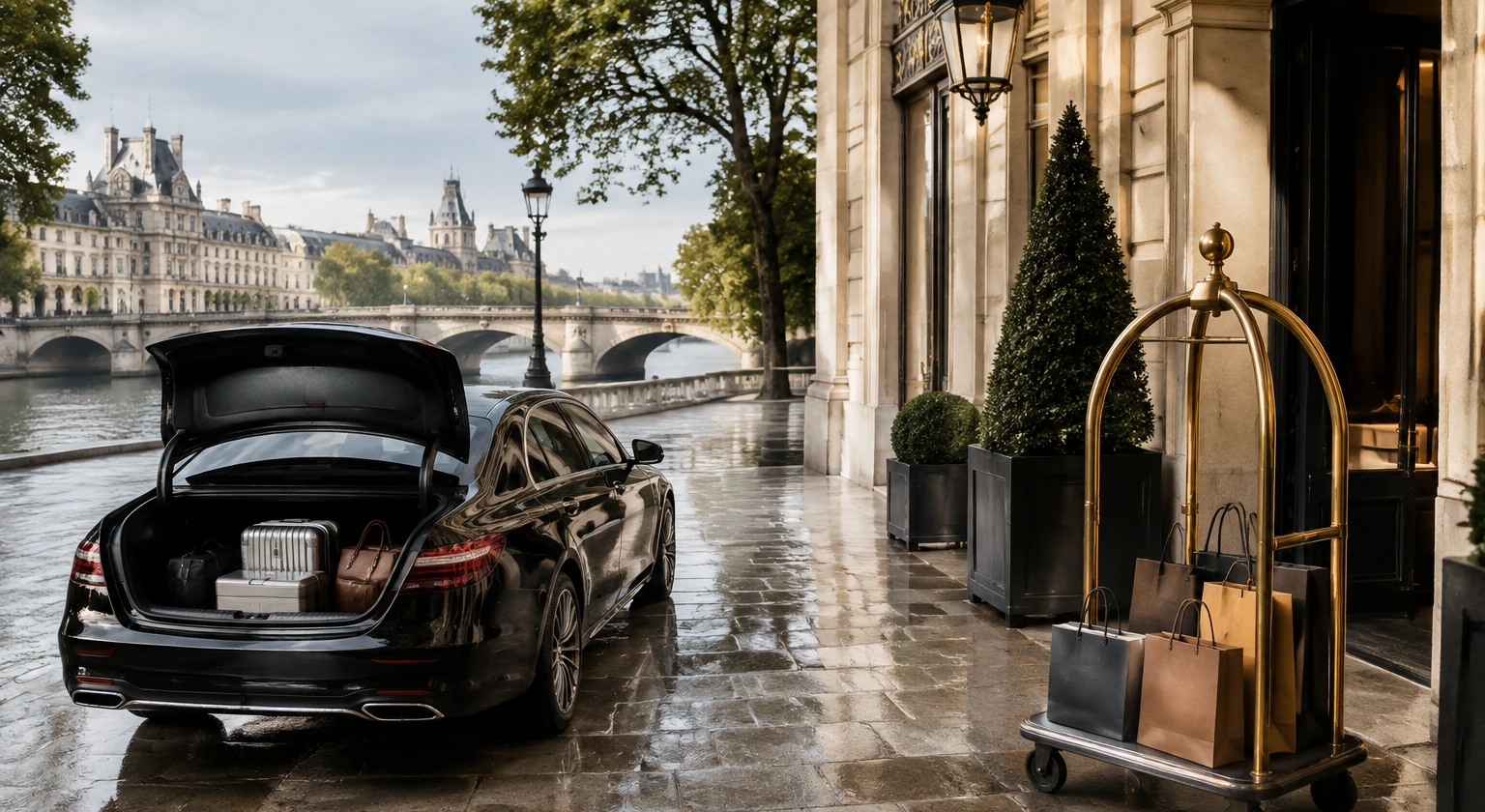 Photorealistic illustration for paris palace shopping culture: logistics and service