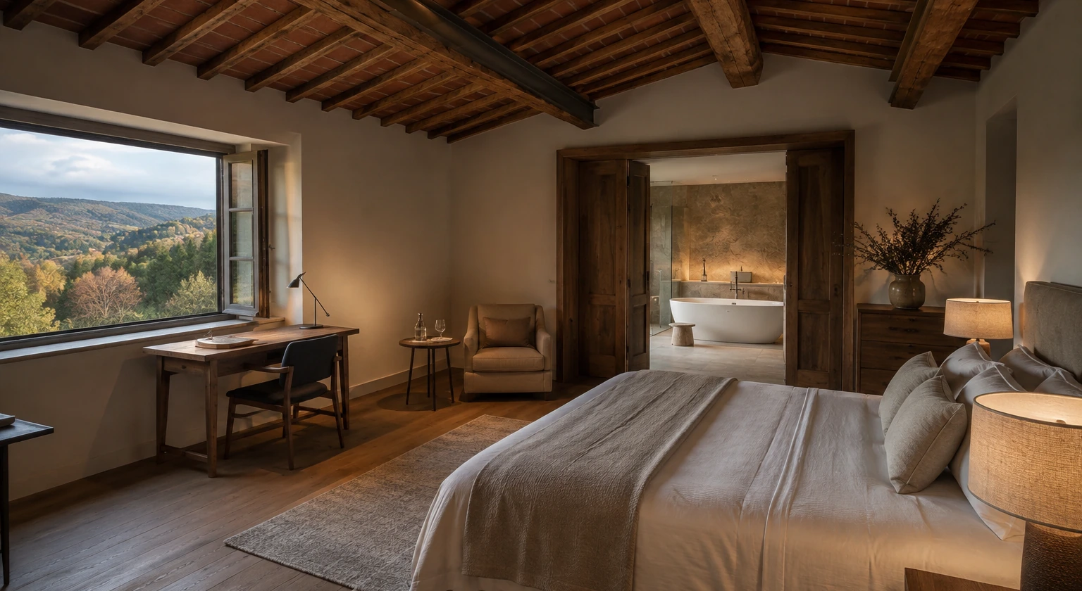 Photorealistic illustration for planning truffle trip season auction suppliers: accommodation and physical layout