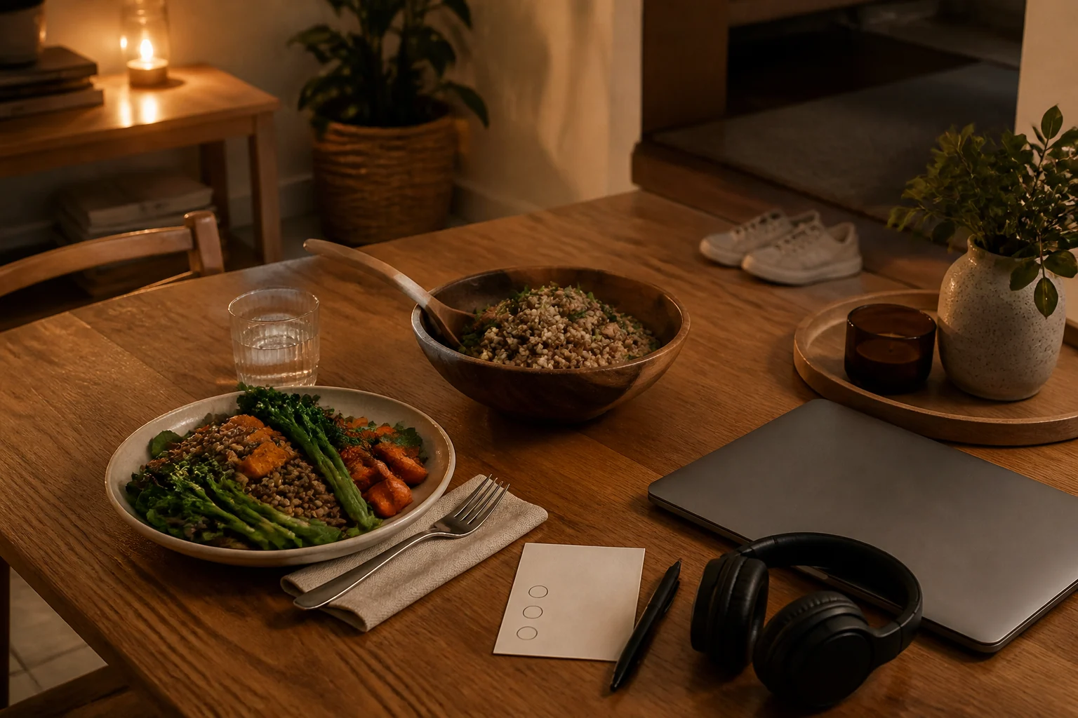 Suivi fictif à domicile avec repas normal, mouvement et trois habitudes