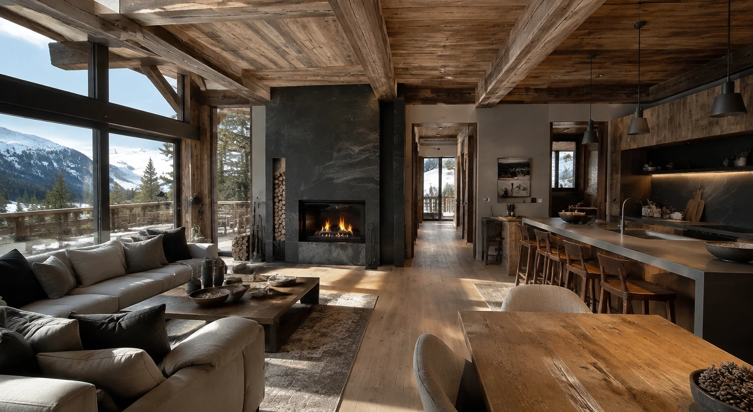 Photorealistic illustration for private chef concierge chalet luxury: accommodation and physical layout