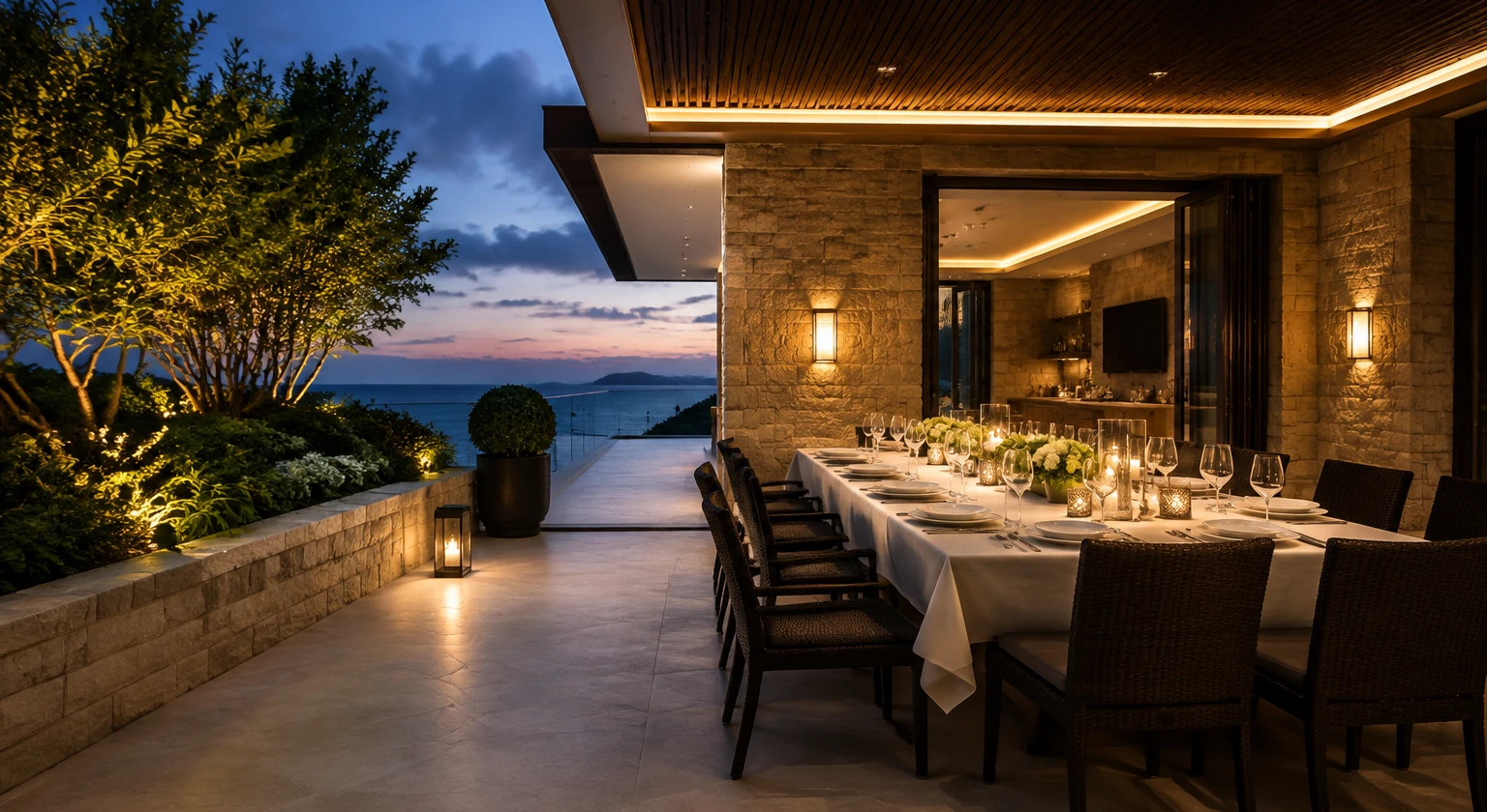 Photorealistic illustration for private dining briefing: setting and arrival
