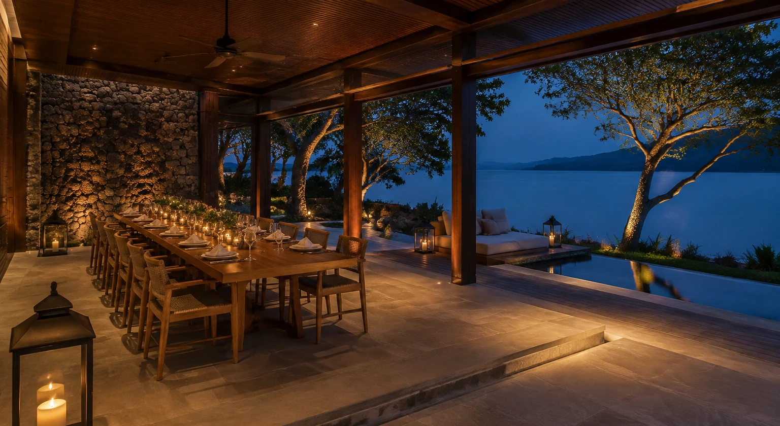 Photorealistic illustration for private dining briefing: accommodation and physical layout