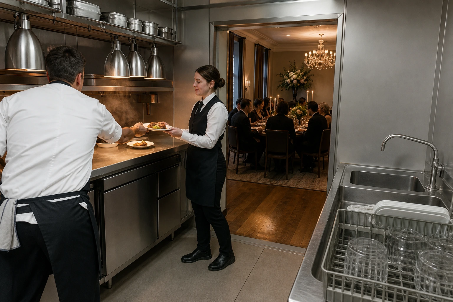 Photorealistic illustration for private dining briefing: accommodation and physical layout