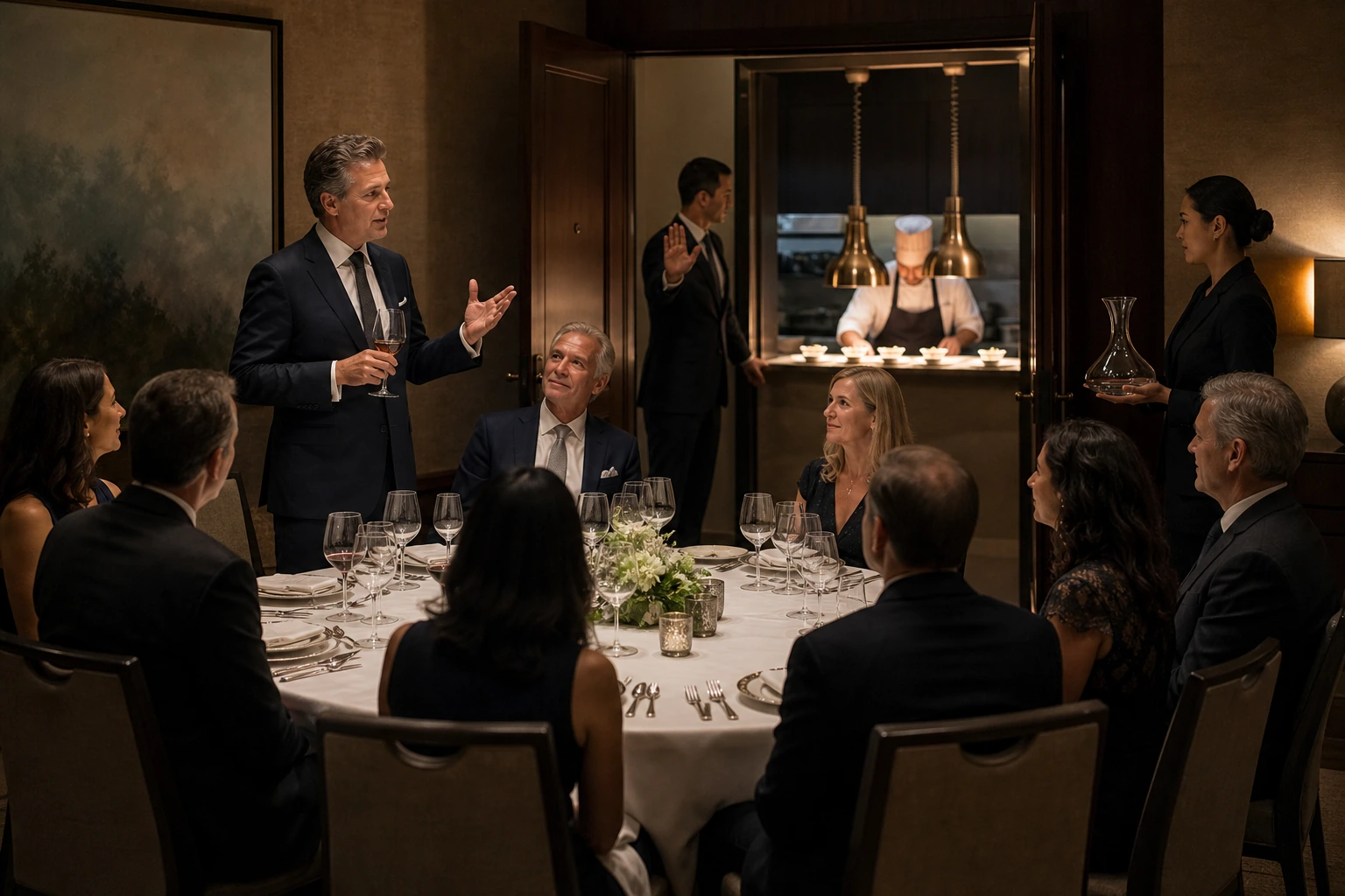 Photorealistic illustration for private dining briefing: logistics and service