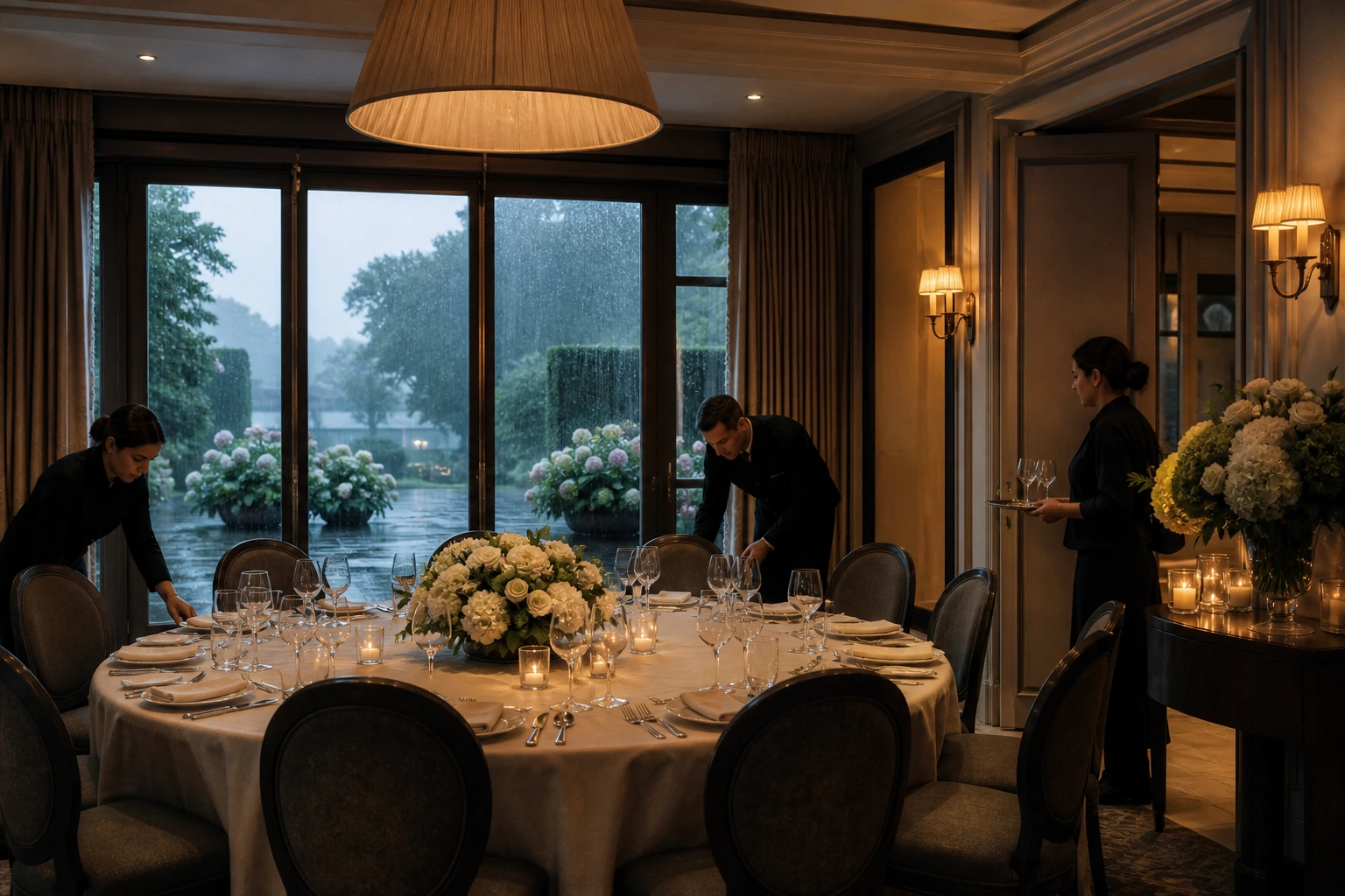 Photorealistic illustration for private dining briefing: reality-check detail