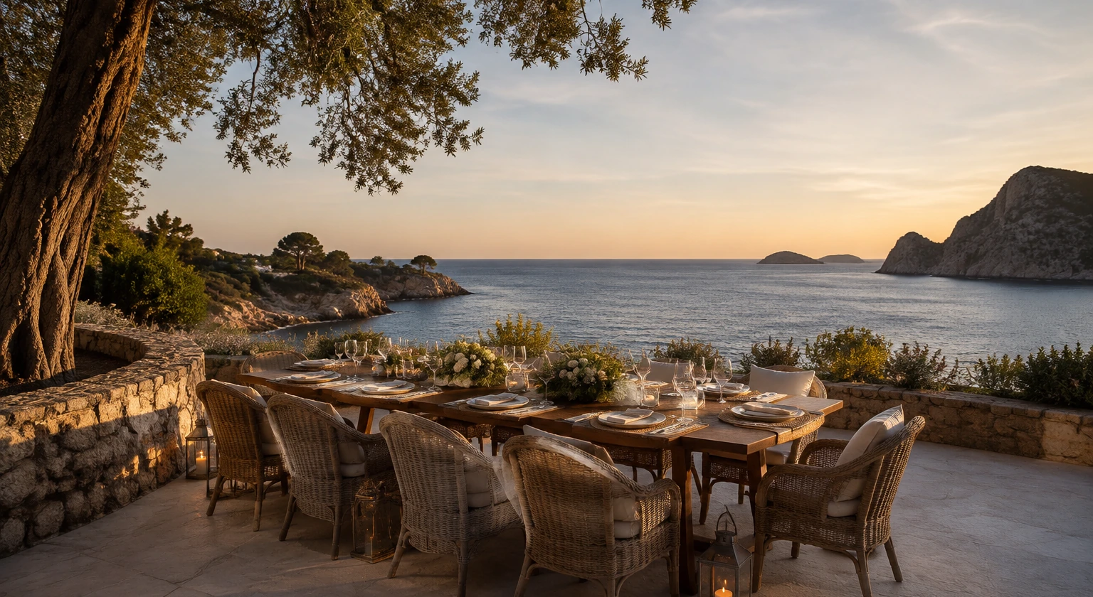 Photorealistic illustration for private dining experiences: setting and arrival