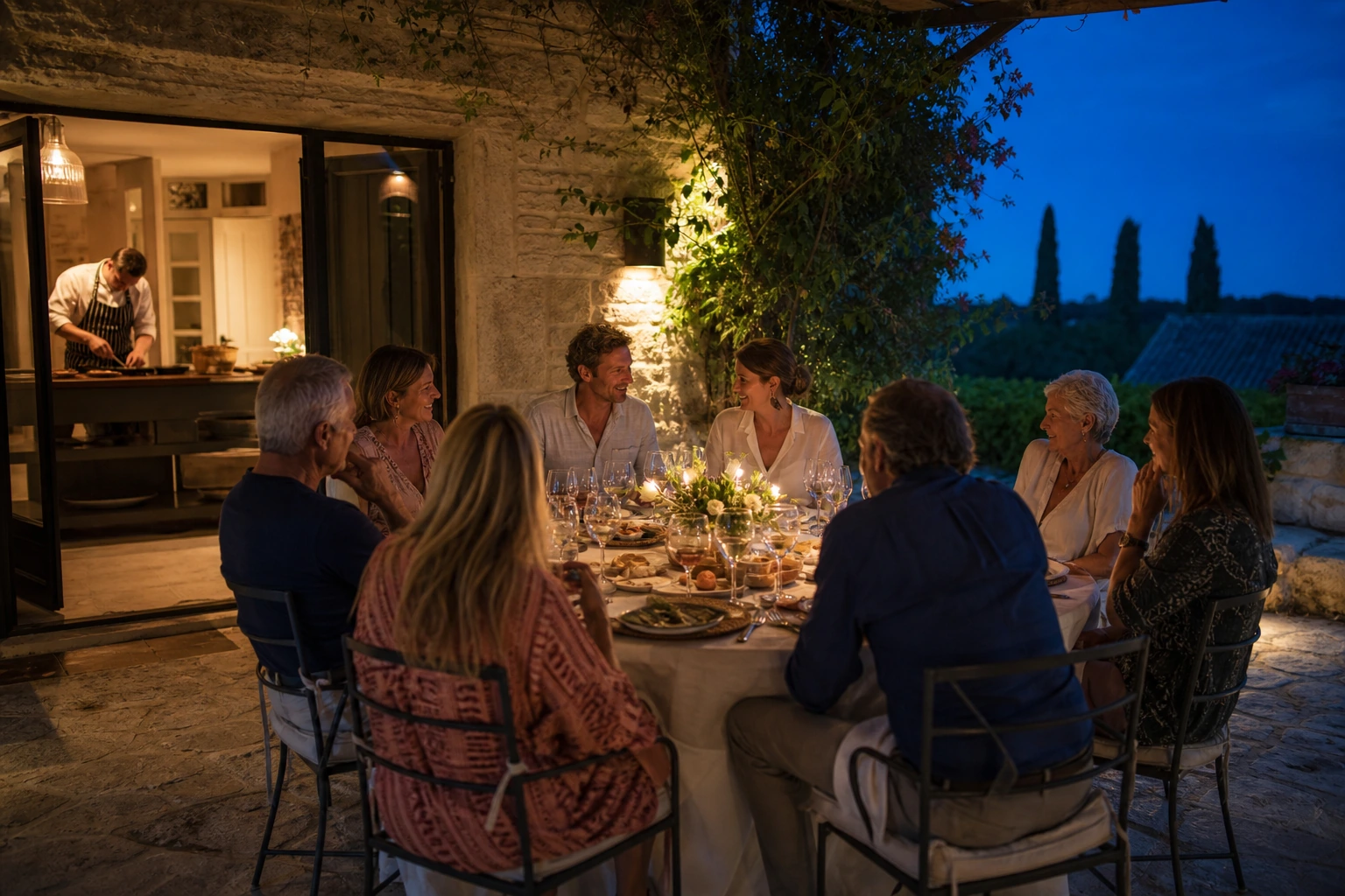 Photorealistic illustration for private dining experiences: setting and arrival