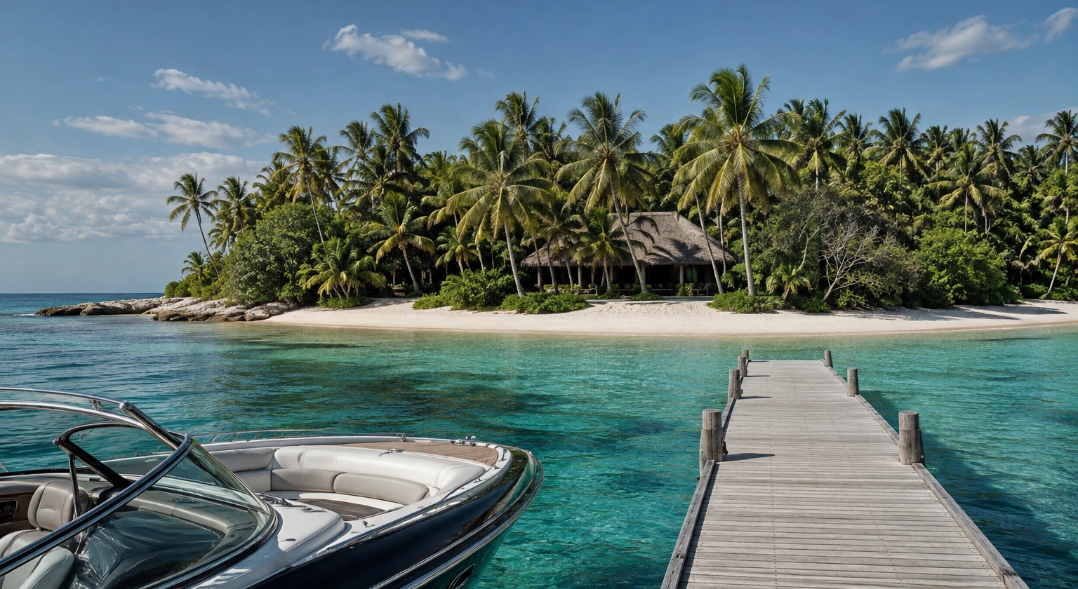 Photorealistic illustration for private island buyout: setting and arrival