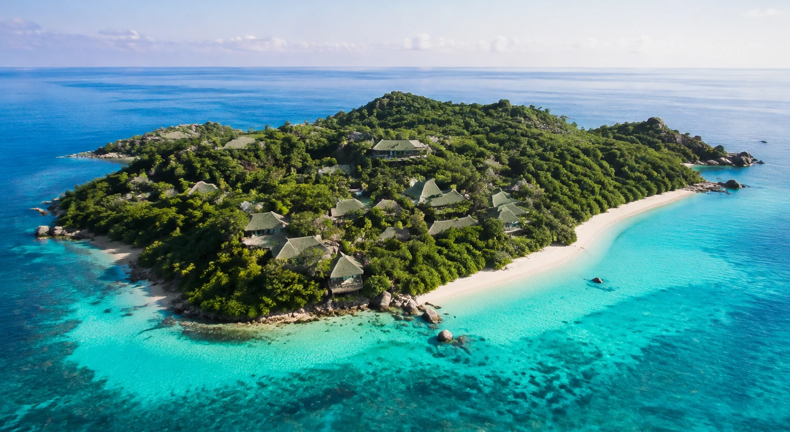 Photorealistic illustration for private island buyout: accommodation and physical layout