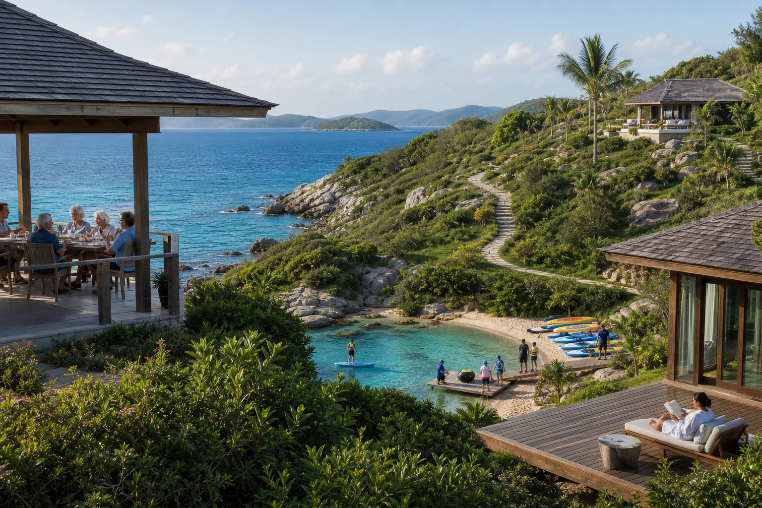 Photorealistic illustration for private island buyout: accommodation and physical layout