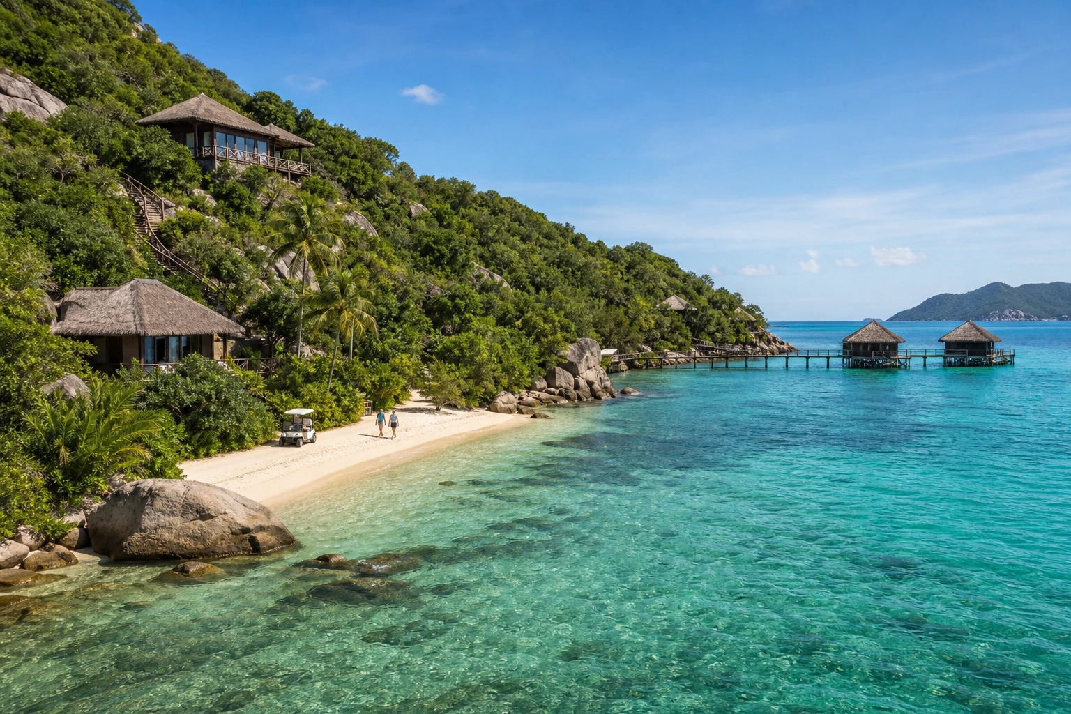 Photorealistic illustration for private island resorts: accommodation and physical layout
