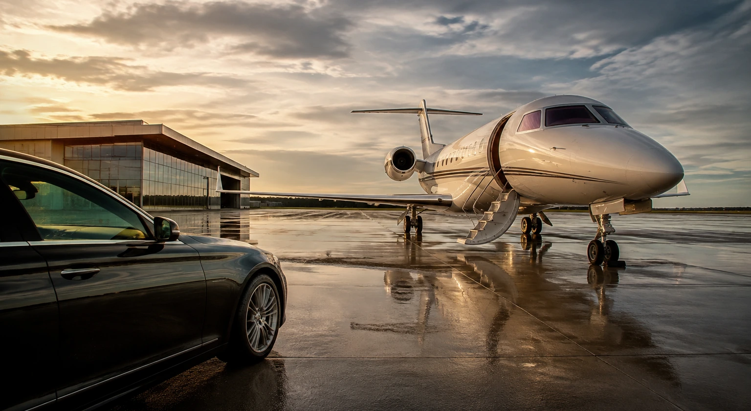 Photorealistic illustration for private jet empty legs: setting and arrival