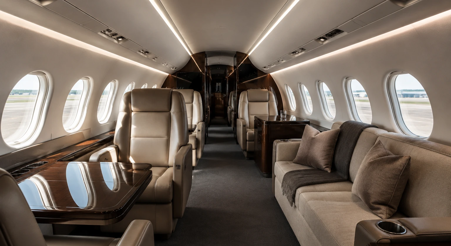 Photorealistic illustration for private jet empty legs: accommodation and physical layout