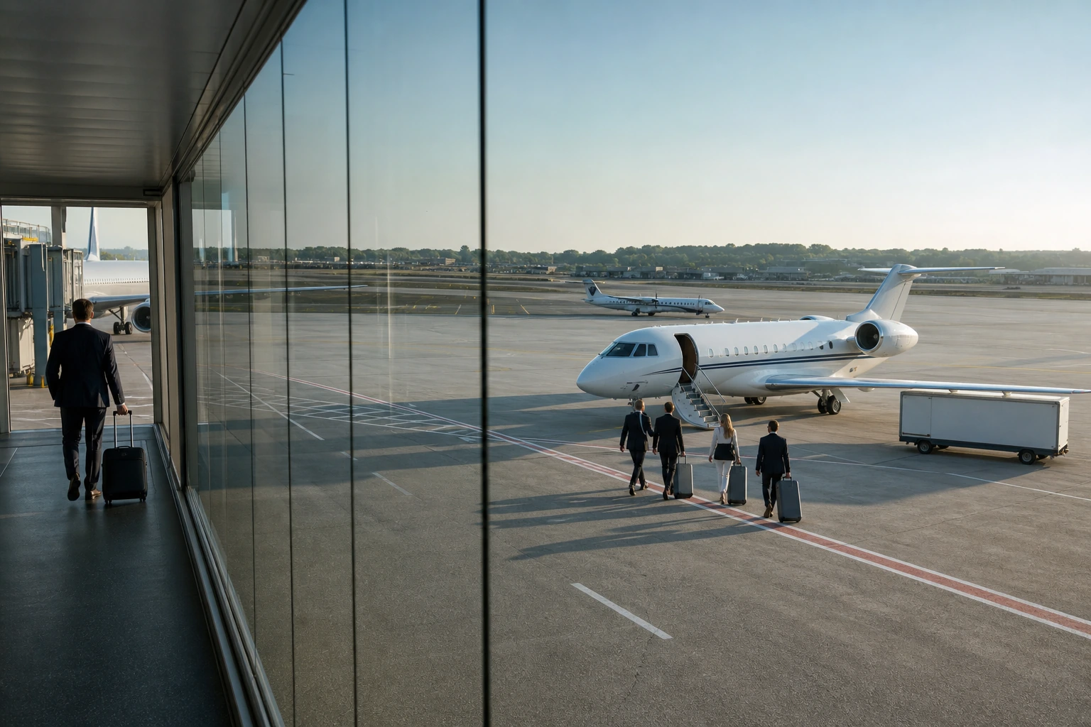 Fotorealistische Illustration zu private jet travel cost value: setting and arrival
