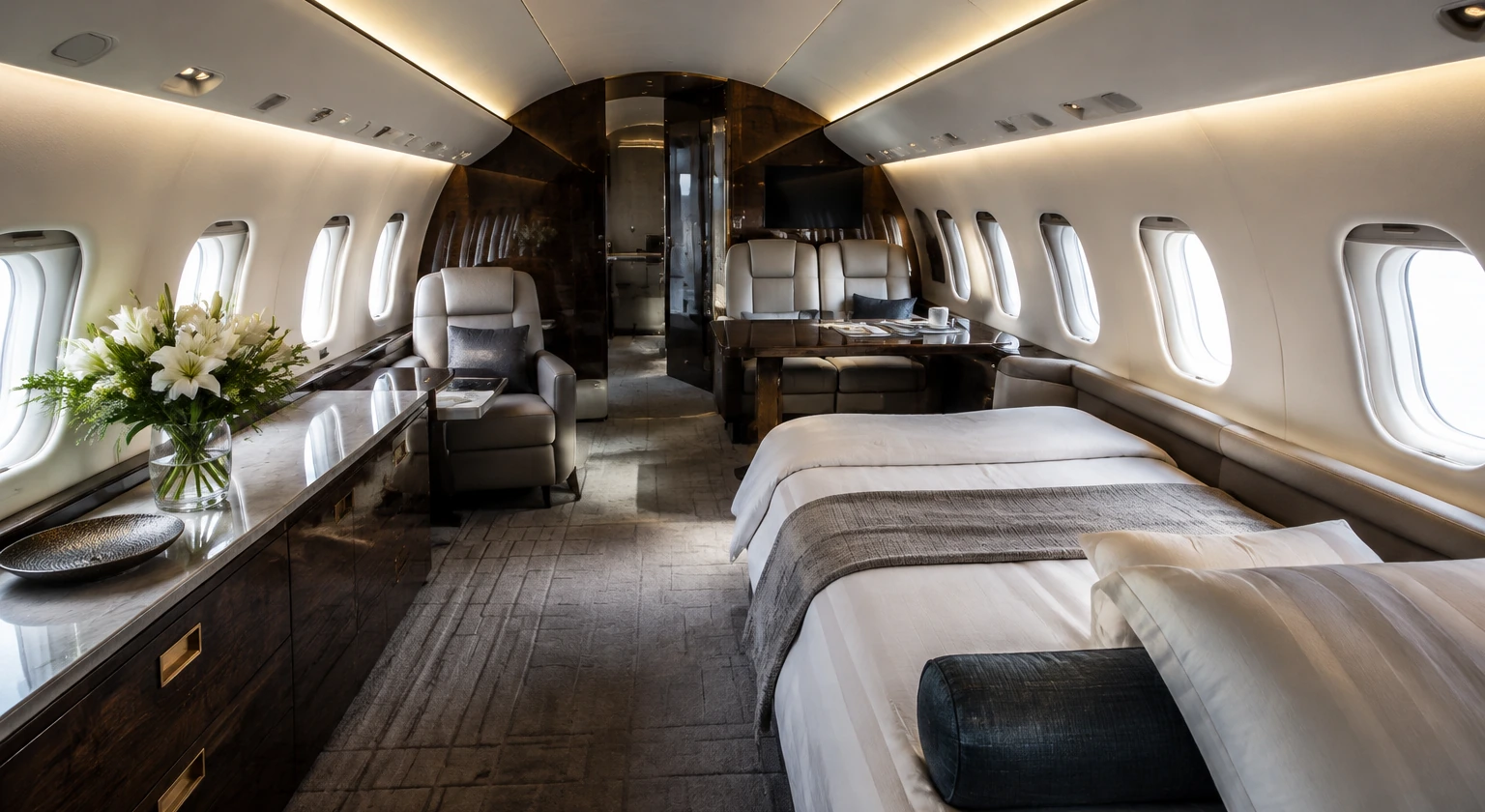 Photorealistic illustration for private jet travel cost value: accommodation and physical layout