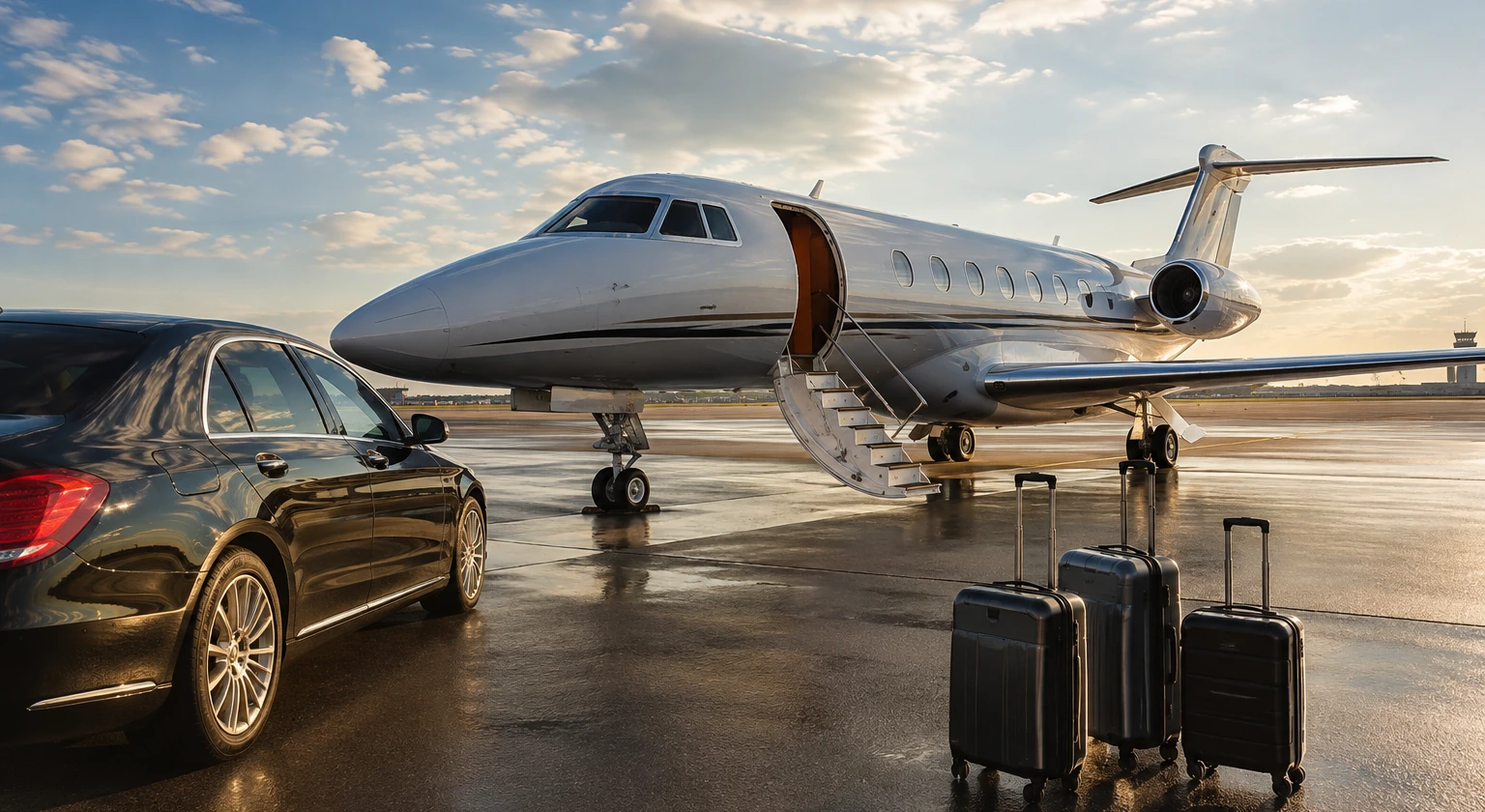 Photorealistic illustration for private jet travel cost value: signature experience