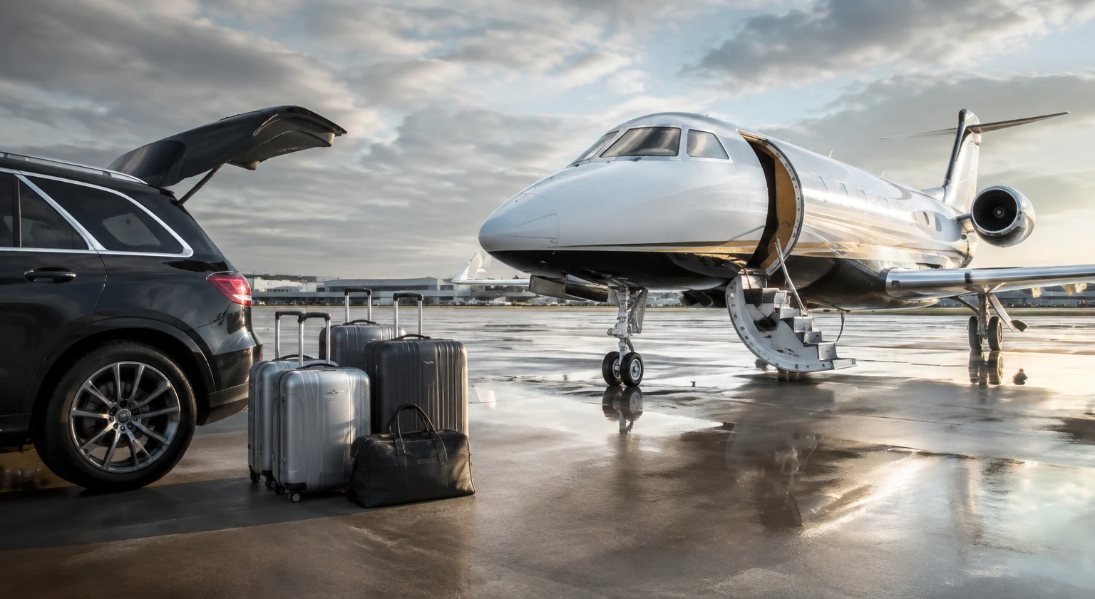 Photorealistic illustration for private jet travel cost value: logistics and service