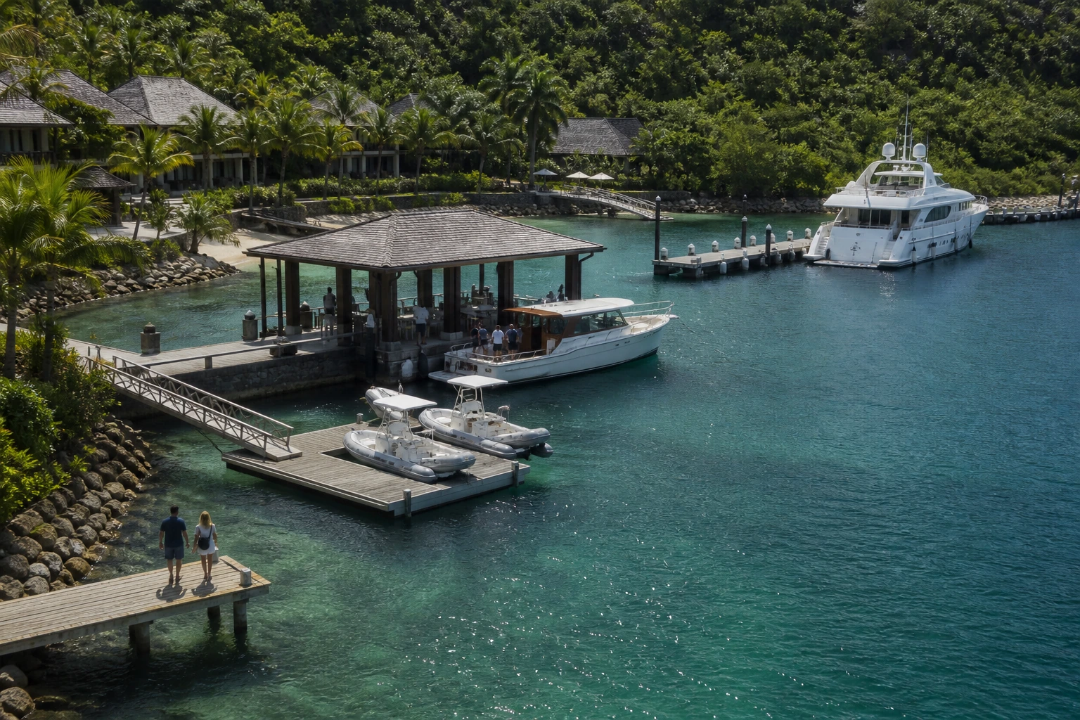 Photorealistic illustration for private pier boat access: setting and arrival