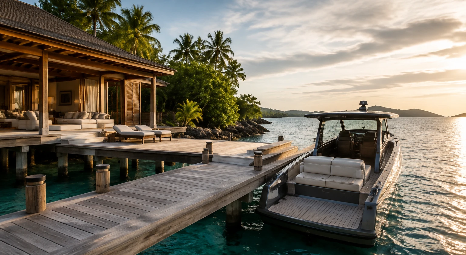 Photorealistic illustration for private pier boat access: accommodation and physical layout