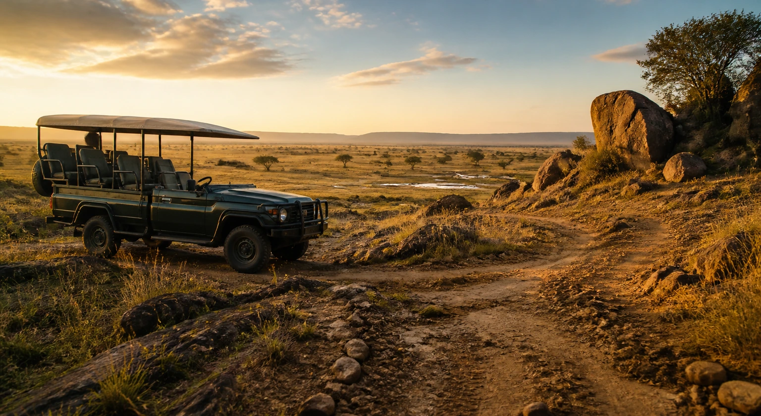 Photorealistic illustration for private safari vehicle: setting and arrival