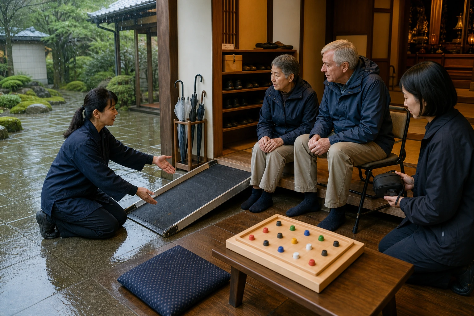 Photorealistic illustration for private temple visits japan: reality-check detail