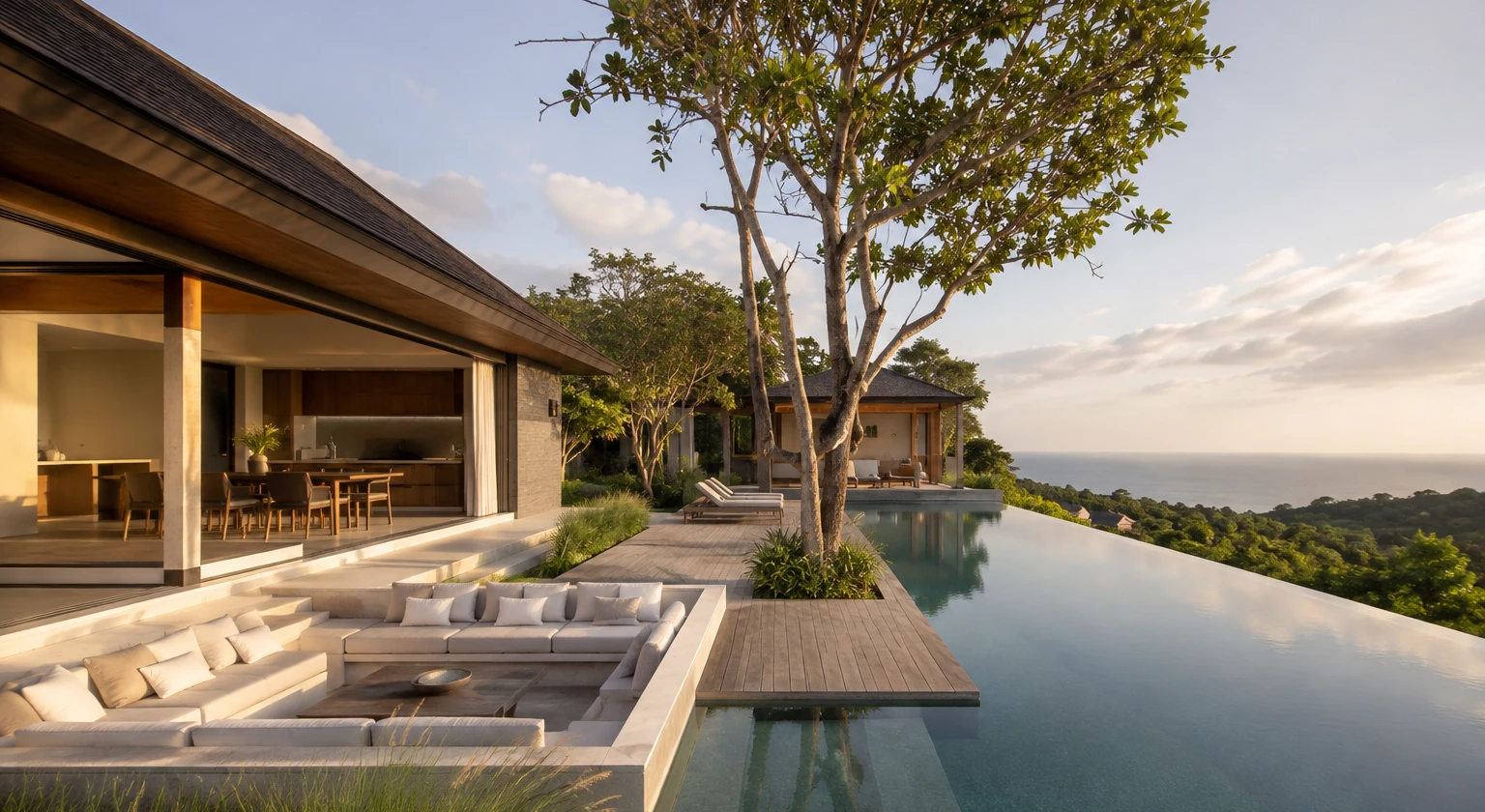 Photorealistic illustration for private villa vs five star hotel: accommodation and physical layout